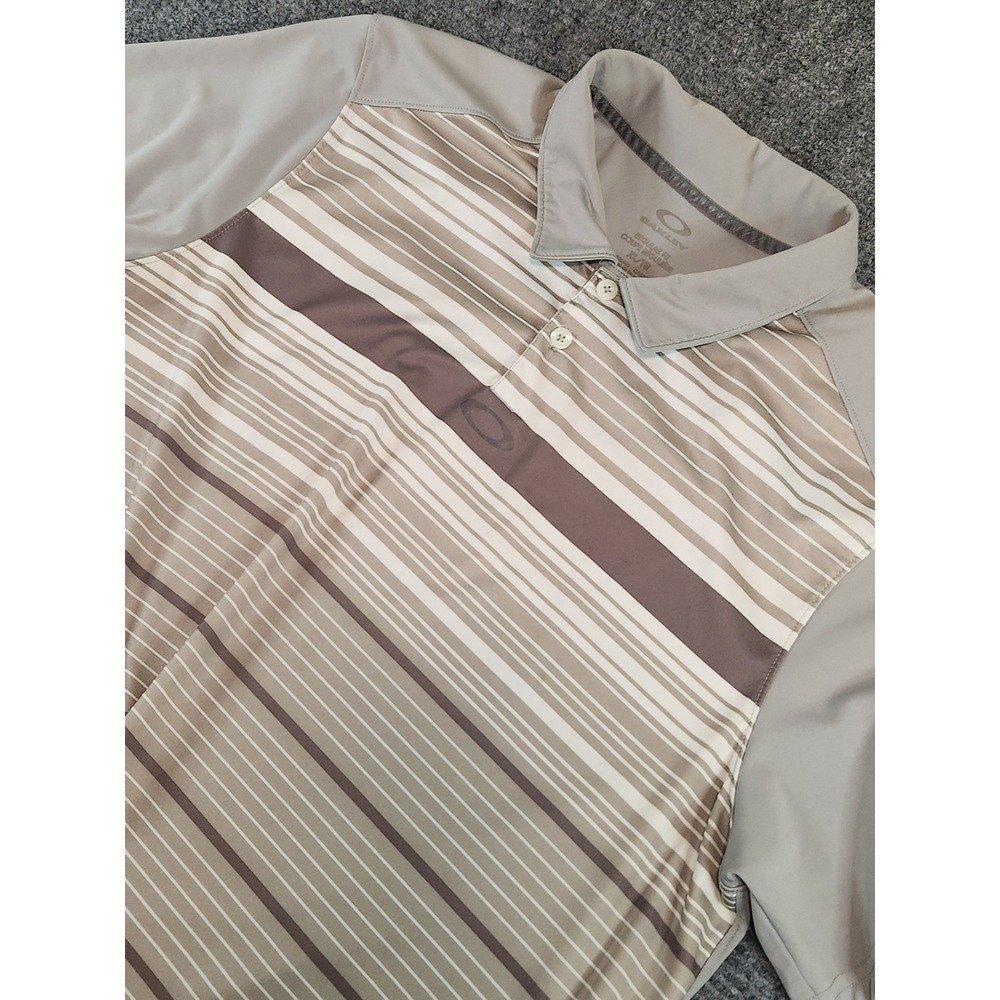 Oakley Mens XL Regular Fit Polo Shirt Gray Brown Striped Short Sleeve Golf Top